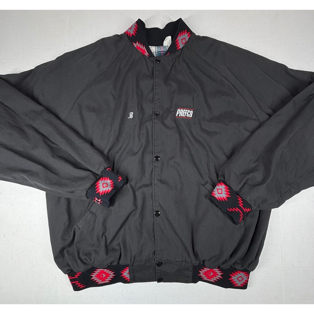 Vintage PREFCO Black Mens XXL Jacket Southwestern Aztec Trim Plaid Lined USA EUC